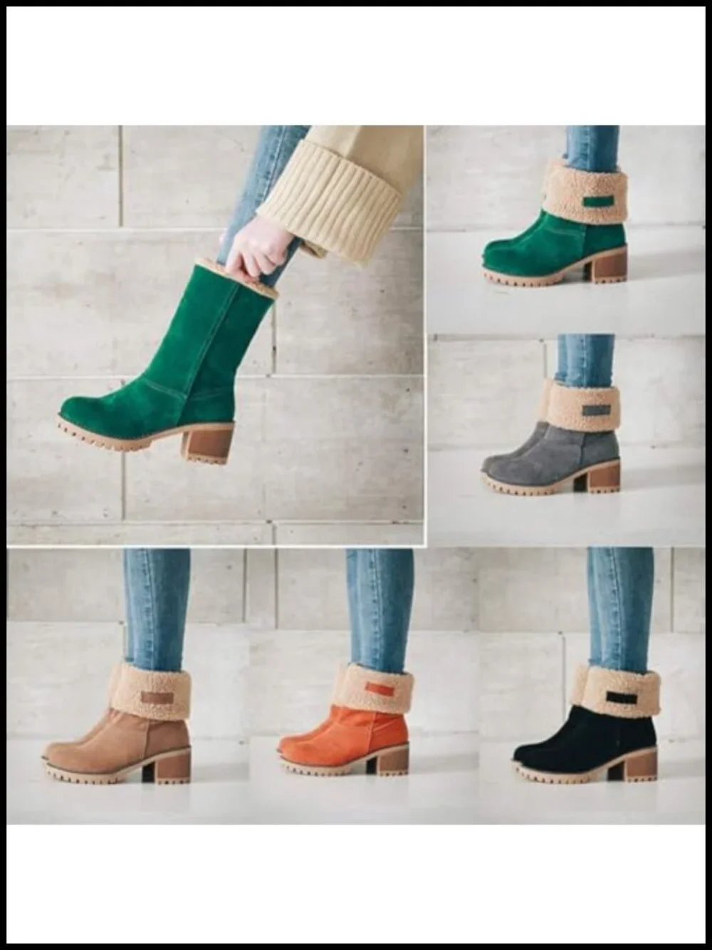 Faux Suede Ankle Snow Booties Chunky Heel Slip On Winter Shoes